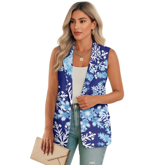 Uorisanigo Christmas Snowflake Print Women's Long Vest Jacket Sleeveless Open Front Womens Waistcoat Vest Size XL V Neck Loose Vests Blazer Elegant