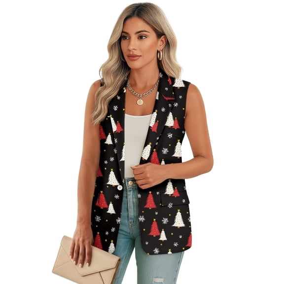 Uorisanigo Christmas Tree Print Women's Suit Vest Open Front Women's Suit Vest with Pockets V Neck Waistcoat Vests Elegant Outerwear Size 4XL
