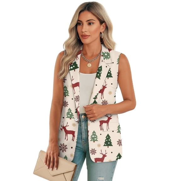 Uorisanigo Christmas Tree Reindeer Women's Vest Jacket with Pockets Open Front Sleeveless Blazer Vest for Women Lightweight Waistcoat Vests Elegant Size M