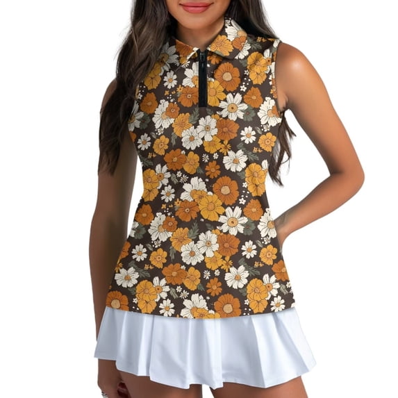 Uorisanigo Classic Flower Women's Golf Top Soft Breathable Athletic Workout Tops with Zipper Versatile Sleeveless Zipper Neck Pullover Size XL