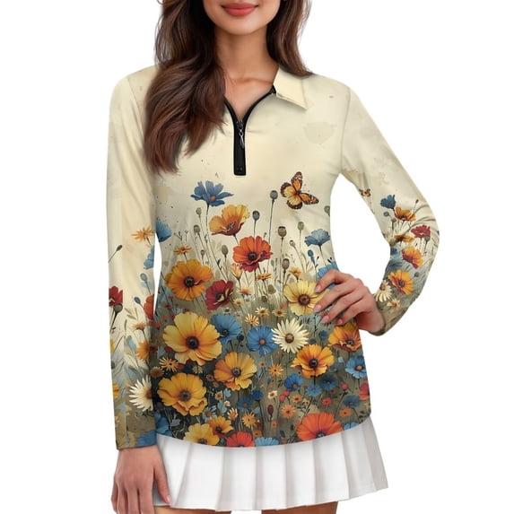 Uorisanigo Classic Flower Womens Golf Shirt with Zipper Size 2XL Comfortable Casual Butterfly Women's Dry-Fit Golf Polo Shirts Outing Wear for Workout Sports