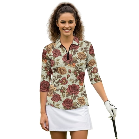 Uorisanigo Classic Rose Womens Golf Shirt with Zipper Size L Versatile Fashionable 3/4 Roll Sleeve Quick Dry Athletic Polo Shirts Soft Comfortable Tennis Tops Relaxed Workout Tops