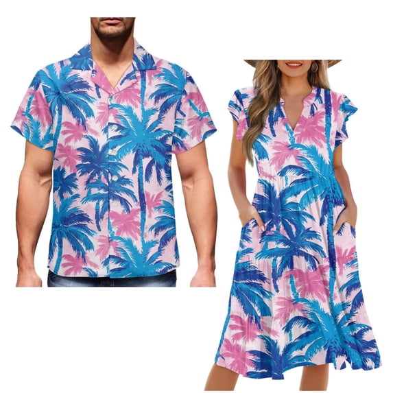 Uorisanigo Coconut Tree Couple Matching Outfit Short Sleeve Shirt for Men Casual Summer Beach Shirts Size 3XL and Women's V-neck Dress Lightweight Vacation Dresses with Pocket