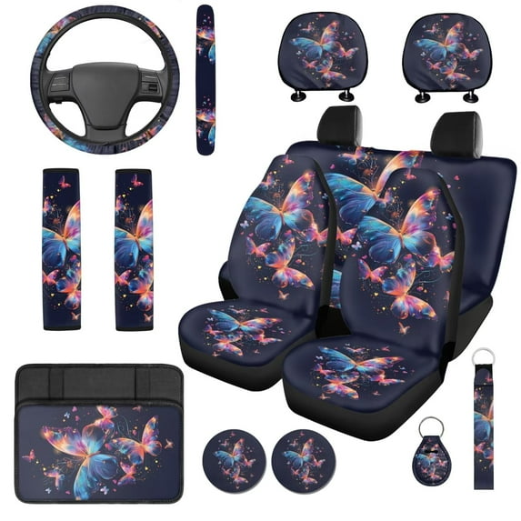 Uorisanigo Colorful Butterflies 14 Pack Car Seat Covers Full Set Auto Steering Wheel Cover Cars Headrest Cover and Console Cover Auto Seat Belt Cover Water Cup Pad Soft Universal Fit Car SUV