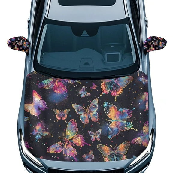 Uorisanigo Colorful Butterfly Auto Hood Cover and Car Mirror Cover Elastic Fabrics Easy Cleaning Covers Vehicles Decorate Exterior Accessories Suitable for Cars