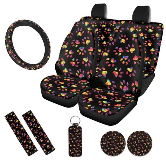 Uorisanigo Colorful Dog Paws 10 Pack Car Seat Covers Full Set with Comfortable Car Steering Wheel Cover Auto Water Cup Pad and Seat Belt Cover and Chapstick Holder Universal Fit for Cars,Suvs