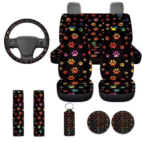 Uorisanigo Colorful Dog Paws 10 Pieces Auto Seat Cover with Car Steering Wheel Accessories and Seat Belt Pads and Auto Water Cup Pad Keychains Soft Easy to Install Auto Interior for Car SUV