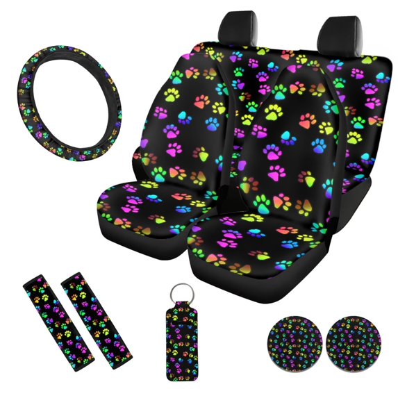 Uorisanigo Colorful Dog Paws 10 Pieces Car Accessories Set Soft Elastic Automotive Seat Cover and Steering Wheel Cover and Seat Belt Cover and Water Cup Coaster Keychains Fit for Car SUV