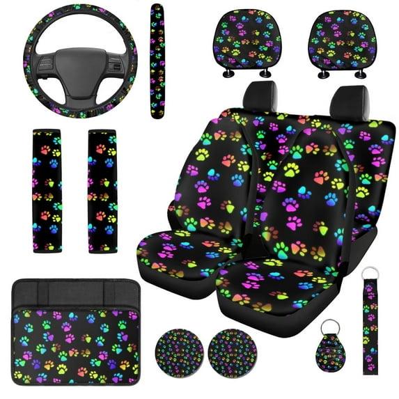 Uorisanigo Colorful Dog Paws 14 Pack Automotive Seat Cover Car Steering Wheel Accessories and Headrest Cover Center Console Cover Water Cup Pad Soft Easy to Install Suitable for Car SUV