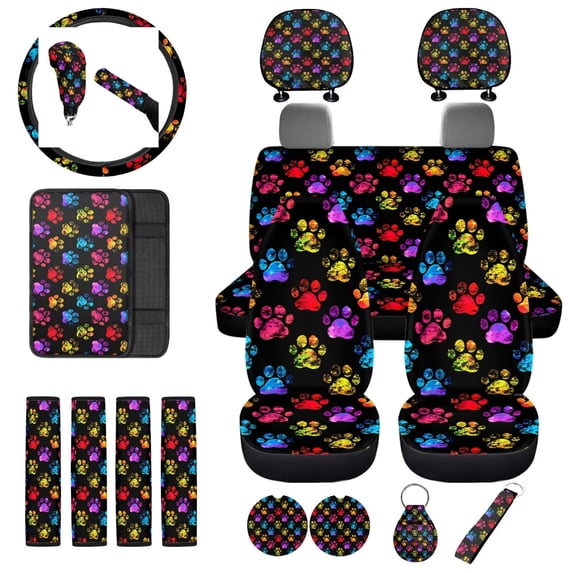Uorisanigo Colorful Dog Paws Car Seat Cover Split Covers for Women Men,Shoulder Strap Protector Steering Wheel Covers Armrest Cushion Headrest Gear Shift & Handbrake Covers Cup Holder KeyChain,18PCS