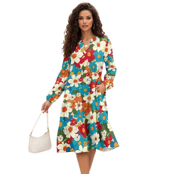 Uorisanigo Colorful Floral Print Dress for Women Elegant Waist Cozy Flowy Maxi Midi Dresses with Pockets Casual Waist Lightweight Fashion Clothes, Size M