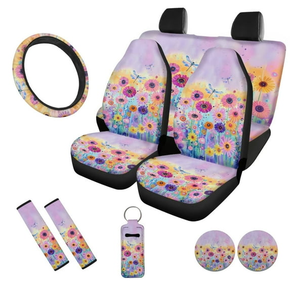 Uorisanigo Colorful Flowers 10 Pcs Automobile Seat Cover Sets with Soft Comfortable Car Steering Wheel Cover Car Seat Belt Pad Cover and Water Cup Pad Chapstick Holder Suitable for Cars, SUV