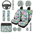 thumbnail image 1 of Uorisanigo Colorful Flowers 14 Pack Auto Seat Cover Sets with Cars Headrest Cover Center Console Cover Car Steering Wheel Cover and Seat Belt Pads Cars Water Cup Coaster Elastic for Car SUV, 1 of 6