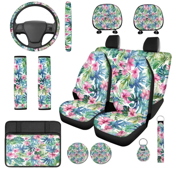 Uorisanigo Colorful Flowers 14 Pack Auto Seat Cover Sets with Cars Headrest Cover Center Console Cover Car Steering Wheel Cover and Seat Belt Pads Cars Water Cup Coaster Elastic for Car SUV