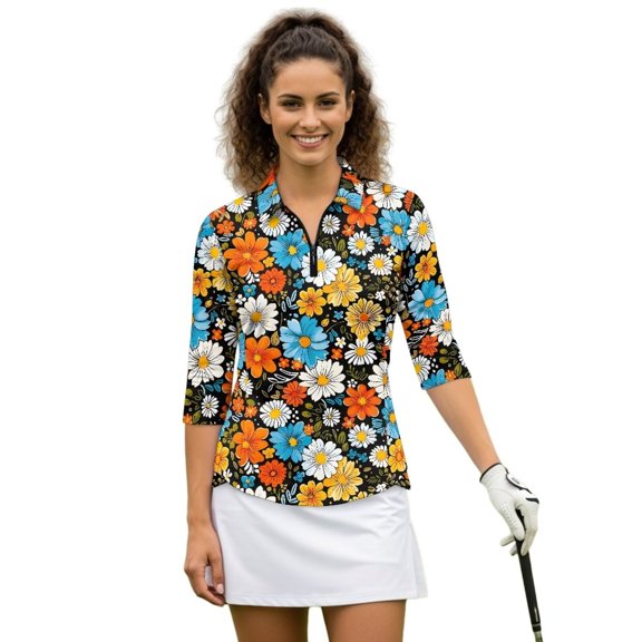 Uorisanigo Colorful Flowers Womens Long Sleeve Golf Polo Shirts Casual Comfortable Quick Dry Athletic Polo Shirts Breathable Relaxed Tennis Tops Quarter Zip Outing Wear Size M