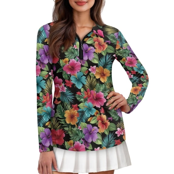 Uorisanigo Colorful Hibiscus Womens Golf Shirt Casual Long Sleeve Moisture Wicking Casual Tennis Activewear Comfortable Quarter Zip Pullover for Workout Sports