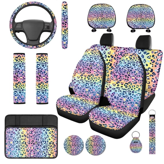 Uorisanigo Colorful Leopard Print 14 Pieces Automotive Seat Cover Car Headrest Cover and Steering Wheel Cover Armrest Cover Car Auto Seat Belt Cover Comfortable Elastic Fit for Cars SUVs