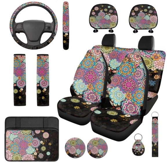 Uorisanigo Colorful Mandala 14 Pack Automotive Seat Cover with Car Steering Wheel Accessories Center Console Cover Seat Belt Pads Water Cup Pad Keychain Soft Easy to Install for Car SUV