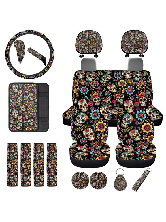 Colorful Skull Flower 18 Pcs Car Seat Cover with Seat Belt Shoulder Pad Full Set Universal Steering Wheel Cover Center Console Pad Headrest Cushion Handbrake Grip Protector Coasters
