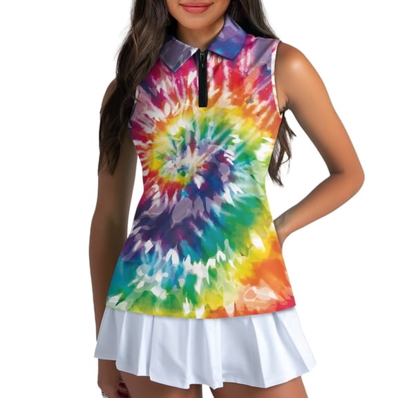 Uorisanigo Colorful Tie-Dye Women's Golf Top Casual Quarter Zip Women's Sleeveless Golf Tennis Shirts Quick Dry Comfortable Athletic Shirt for Tennis Hiking & Outdoor Sports