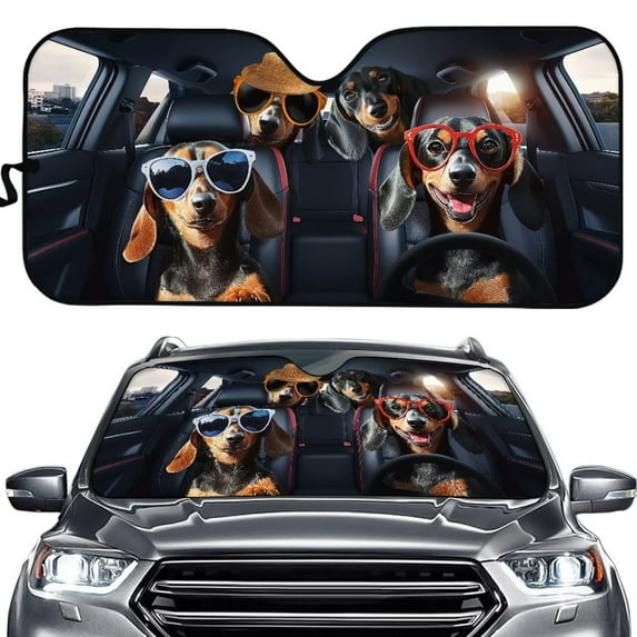 Uorisanigo Cool Dachshund Family Driving Car Shade Screen Foldable Car Windshield Sun Shade Interior Decor Sun Visor Protector Block UV Rays and Heat Easy to Clean Universal Fit Vehicle Sedans