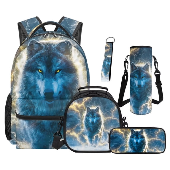 Uorisanigo Cool Wolf 5 Piece Boys Backpack Set Large Capacity School Bag Bookbag with Lunch Box Water Bottle Cover Pencil Case Multiple Compartments Backpack for Elementary Middle School Student
