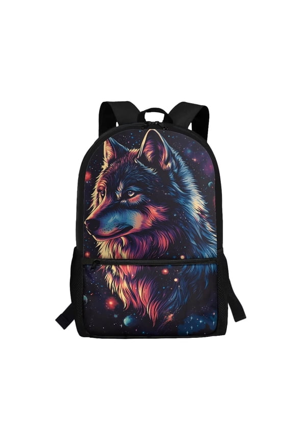 Cosmic Wolf Kids Backpack for School Lightweight Travel or Sports Bags with Water Bottle Pockets Preschool Elementary Kindergarten School Bag(17 inch)