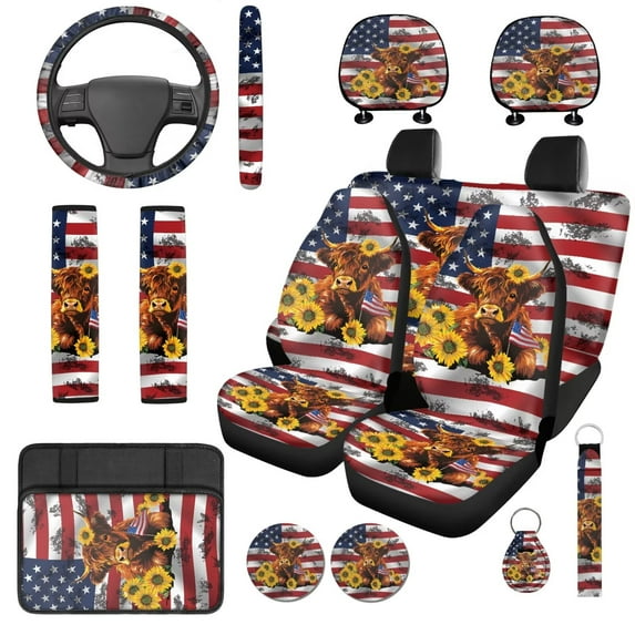 Uorisanigo Cow American Flag 14 Pack Cars Seat Covers Full Set with Car Headrest Cover and Steering Wheel Cover Car Armrest Cover Seat Belt Pads Keychain Comfortable Suitable for Cars SUVs