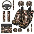 thumbnail image 1 of Uorisanigo Cow Flower Auto Seat Cover Set 14 Pcs with Car Headrest Cover Center Console Cover and Steering Wheel Cover Cars Water Cup Coaster Keychain Comfortable Elastic Fit for Car SUV, 1 of 6