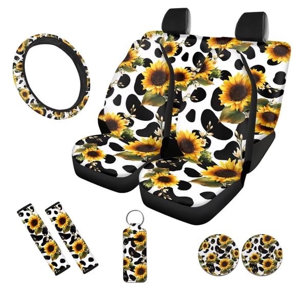 Uorisanigo Cow Print Sunflowers 10 Pieces Car Accessories Set Soft Elastic Automotive Seat Cover and Steering Wheel Cover and Seat Belt Cover and Water Cup Coaster Keychains Fit Most Car SUV