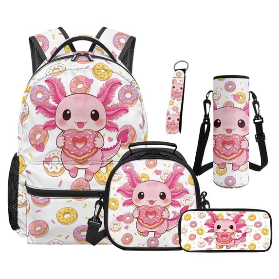 Uorisanigo Cute Axolotl Donut Girls School Book Bag Kids Teens Junior Backpack Set 5 in 1 Daypack with Lunchbox Zipper Pencil Cases Water Bottle Cover Keychain for Back to School Daily Travel