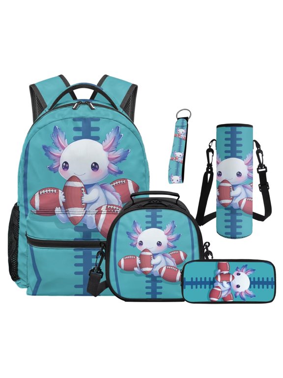 Cute Axolotl Football School Bag Set Backpack for Kids Teens Girls Set 5 in 1 Back to School Supplies Bookbag Insulated Lunch Tote Bag Pencil Case Water Bottle Sleeve Keychain Birthday