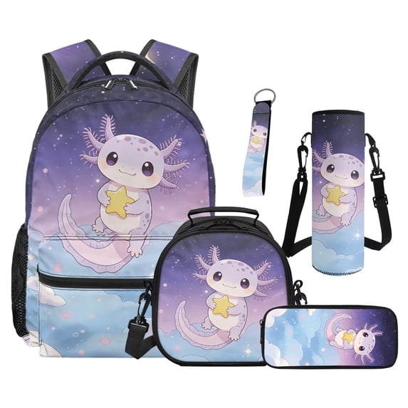 Uorisanigo Cute Axolotl Star Backpack 5 Piece Kids Backpack Set Large Capacity Multi-Pocket School Bag with Lunch Bag Pencil Case Water Bottle Sleeve Keychain Padded Straps School Weekend Travel