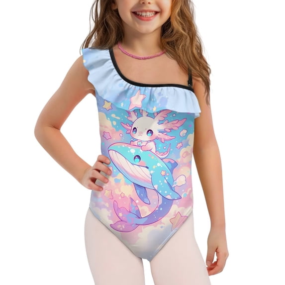 Uorisanigo Cute Axolotl and Whale One Piece Bathing Suits for Girls Quick Dry Sport Halter Swimwear Size 11-12 Ruffle Beach Swimming Suit