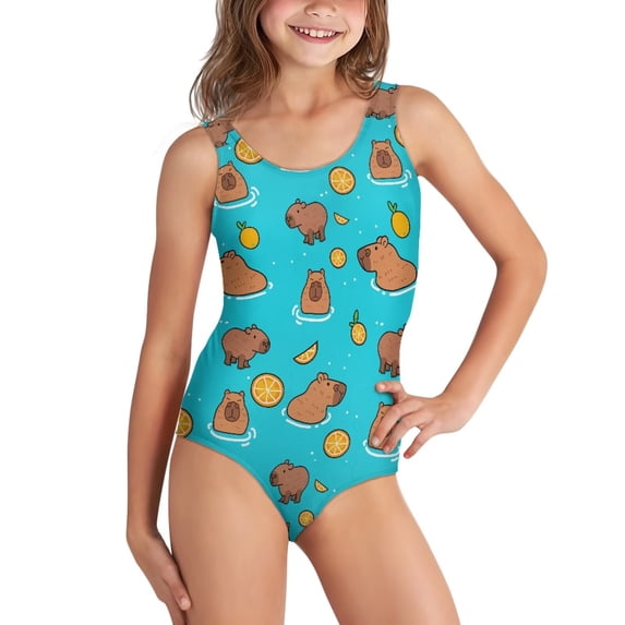 Uorisanigo Cute Capybara Girls Swimsuit One Piece Quick Dry Sport Summer Beach Bathing Suit with Crossback Straps Swimwear, Size 5-6