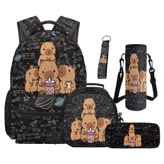 Uorisanigo Cute Capybaras Pattern Girls Bacapack Kids Teens Backpack 5PCS Set Lightweight School Bag with Lunch Bag Water Bottle Sleeve Keychain Multiple Compartments for 6-12 Years Girls Travel