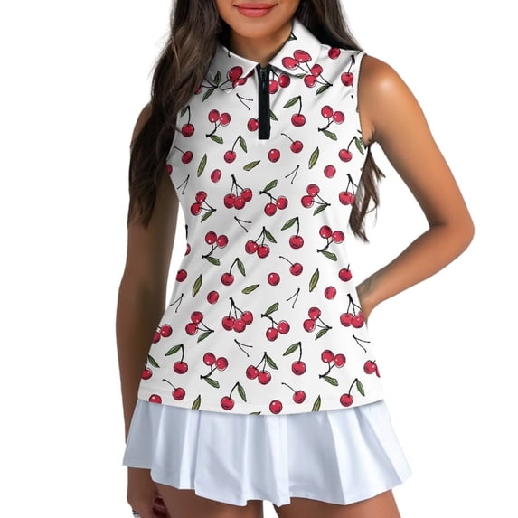 Uorisanigo Cute Cherry Quick Dry Athletic Shirts for Women Versatile 1/4 Zipper Women's Sleeveless Golf Tennis Shirts Casual Relaxed Workout Tank Tops for Women