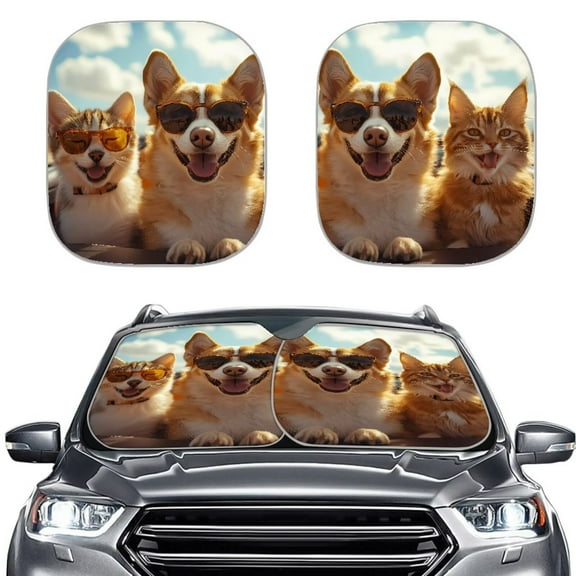 Uorisanigo Cute Corgi and Cat 2 Piece Car Sun Visor Cover Anti-UV Car Sunshade Cute Auto Accessories Windshield Sun Shade Block Uv Rays Prevent Dashboard Fades and Cracks