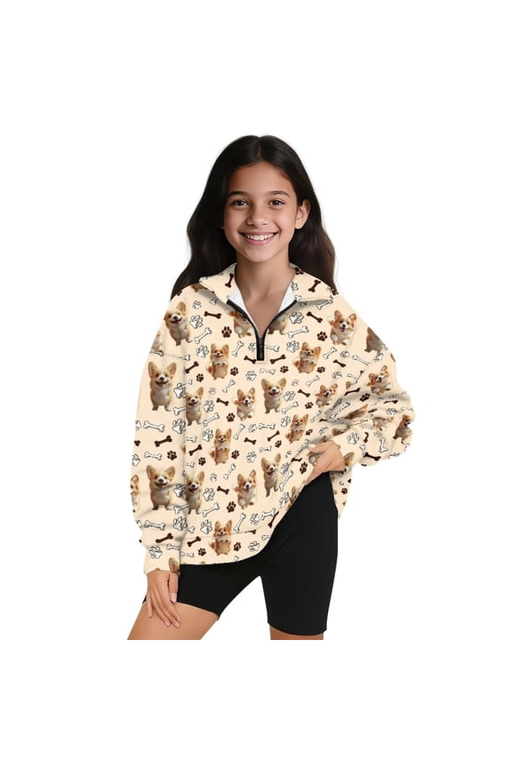 Cute Corgi Girls Half Zipper Sweatshirts Oversized Long Sleeve Pullover Top Fall Trendy Cropped Pullover Hoodies for Teen Girl Comfy Jackets Sweaters Clothing