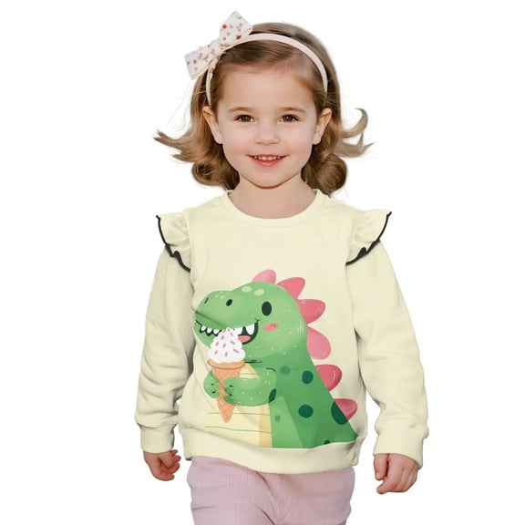 Uorisanigo Cute Dinosaur Kids Long Sleeve Sweatshirt Ruffle Shoulder Pullover Tops, Crewneck Long Sleeve T-Shirts Soft Fabric Sweater for Toddlers & Little Girls Size 4-5
