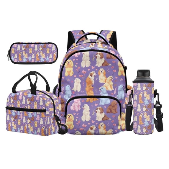 Uorisanigo Cute Dog Purple School Backpack Set for Boys and Girls with Meal Bag Water Bottle Case and Pencil Holder Large Capacity 17 Inch Bookbag for Middle School