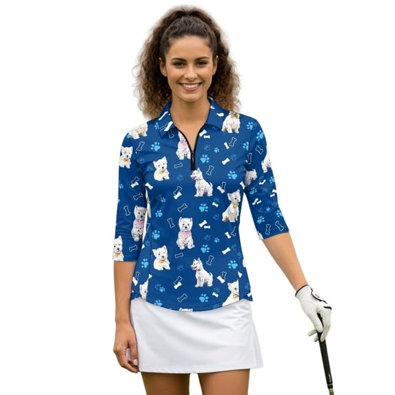 Uorisanigo Cute Dog Womens 3/4 Sleeve Golf Shirts Size S Soft Breathable Athletic Polo Workout Tops Fashion Zipper Neck Relaxed Tennis Tops Relaxed Casual Stylish Outing Wear