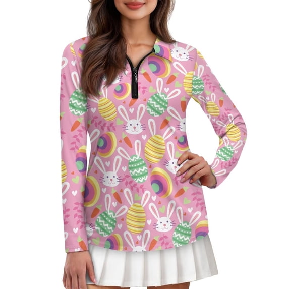 Uorisanigo Cute Easter Bunny Athletic Polo Workout Tops for Women Stylish Breathable Moisture Wicking Casual Tennis Activewear Quarter Zip Pullover Size S