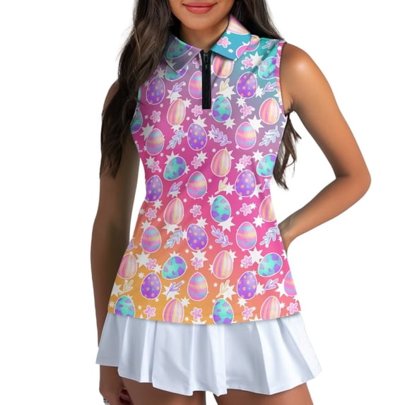 Uorisanigo Cute Easter Egg Women's Golf Sleeveless Shirt Comfortable Fashionable Women's Dry-Fit Golf Polo Shirts with 1/4 Zipper Casual Workout Tank Tops