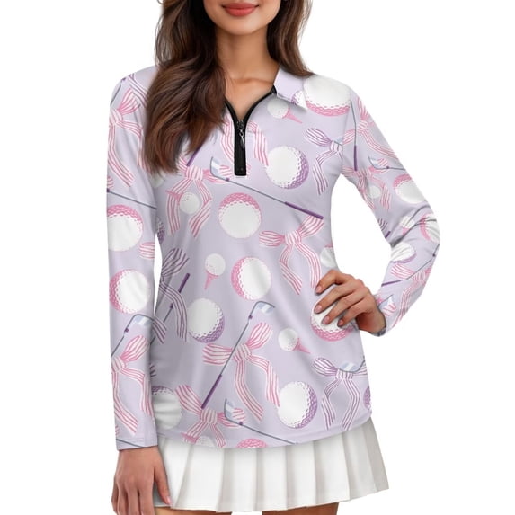 Uorisanigo Cute Golf Women's Dry-Fit Golf Polo Shirts Size 2XL Fashion Versatile Women's Long Sleeve Athletic Shirts with Zipper Tennis Tops for Workout Sports