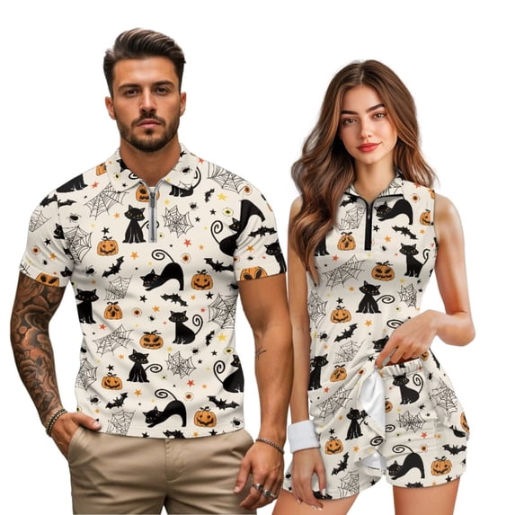 Uorisanigo Cute Halloween Couple Matching Outfit Mens Golf Shirts Size 2XL Quick-Dry Short Sleeve 1/4 Zip Up Sports Tops and Womens Golf Clothes Built in Shorts Workout Dress