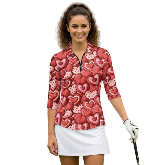 Uorisanigo Cute Heart Womens Golf Shirt Quick Dry Casual Women's 3/4 Sleeve Athletic Golf Shirts Quarter Zip Workout Tops Comfortable Fashionable Tennis Tops Workout Sports