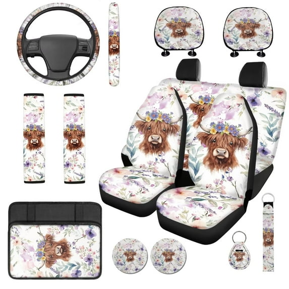 Uorisanigo Cute Highland Cow 14 Pack Automotive Seat Cover and Car Console Cover Auto Headrest Cover Auto Seat Belt Cover Car Steering Wheel Cover Keychain Anti-slip Fit Most Cars SUVs