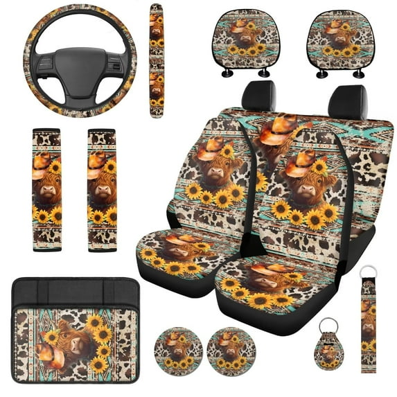 Uorisanigo Cute Highland Cow Sunflower 14 Pack Car Seat Covers Sets with Soft ComfortableSteering Wheel Cover and Center Console Cover Car Headrest Cover Auto Seat Belt Cover Fit Car SUV