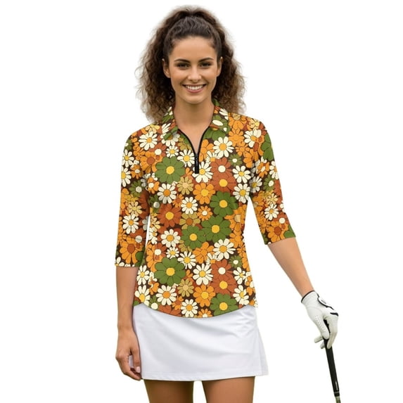 Uorisanigo Cute Hippie Flower Womens 3/4 Sleeve Golf Shirts Soft Fashionable Quick Dry Athletic Polo Shirts Versatile Zipper Neck Tennis Tops Outing Wear for Workout Sports Size XL